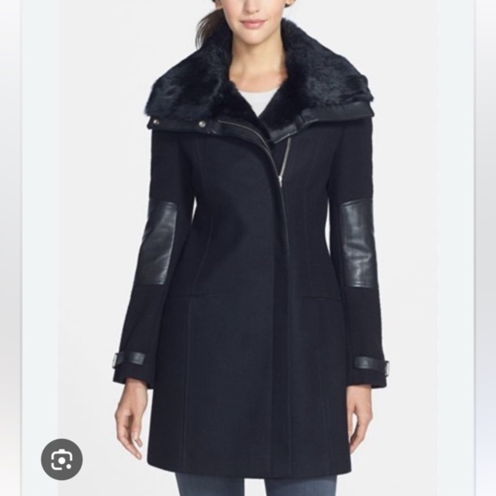 Andrew Marc Wool&Cashmere coat, leather trim, real fur collar, sz2, $695, NWOT
